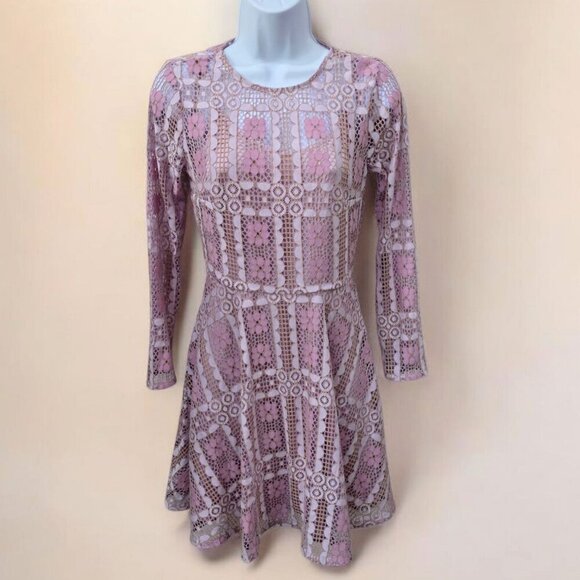 ModCloth ✦ Lace Skater Dress ✦ Pink & Beige Floral Sheer Long Sleeves Open Back - Picture 6 of 16